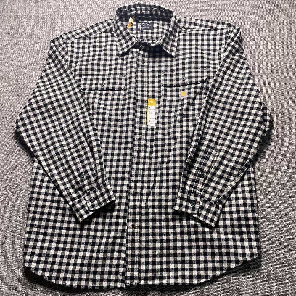 Carhartt Loose Fit Flannel Shirt Mens XL Black White Gingham Check Button Up